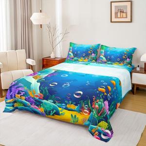 Erosebridal Комплект постельного белья Underwater World Oasis с морским принтом для детей, Blue