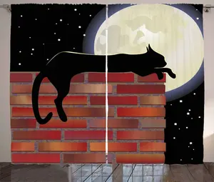 Штора ABAKUHAUS Луна в деревенском стиле, силуэт Спавший кот, присборенная штора для спальни с петлями и крючками, 280 x 175 см, цвет: черный, слоновая кость, ярко-красный Abakuhaus