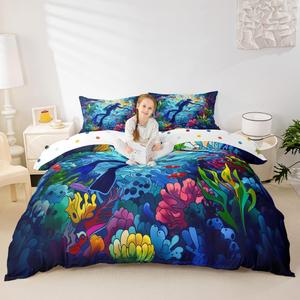 Erosebridal Комплект постельного белья Seallife Ocean с подводным принтом из морских обитателей и водорослей для детей и взрослых, Blue Yellow Green
