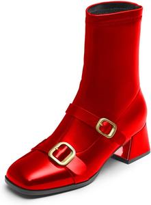 Женские ботильоны YDN с квадратным носком, на низком массивном каблуке, средняя высота голенища, с двойными ремешками, модная обувь для осени и зимы, размеры 4-15 US, Red