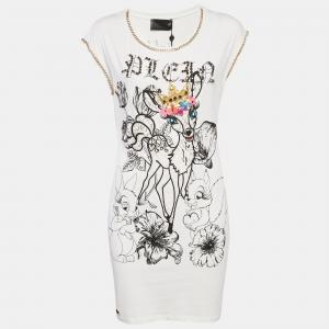 Мини-платье из хлопка с вышивкой в ​​виде белого оленя от Philipp Plein Couture