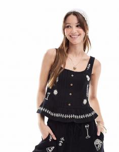 Трикотажный топ на пуговицах с вышивкой черного цвета