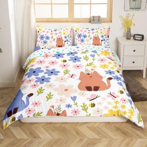 Erosebridal Комплект постельного белья Cats с милыми котятами и цветочным принтом для детей, Purple Brown Pink Yellow