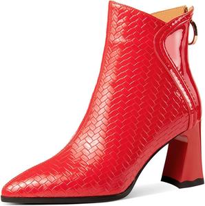 Женские ботильоны TinaCus из тисненой лаковой кожи с острым носком, ручной работы, на высоком широком каблуке с задней молнией, Red