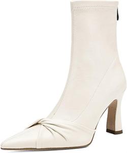 Женские кожаные ботильоны с блок-каблуком и зауженным носком, удобные осенне-зимние ботинки с задней молнией, каблук 3,5 дюйма WIVITA, White