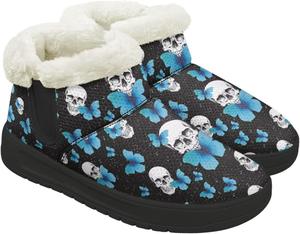 Женские зимние снежные ботинки на открытом воздухе с широким носком, теплой меховой подкладкой, модные ботинки средней высоты с противоскользящей подошвой Chririnla, Blue Butterfly Skull