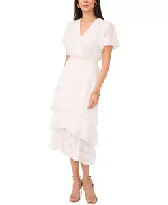 Женское платье миди с жаккардовым узором, сборкой на талии и ярусным подолом Vince Camuto, слоновая кость/кремовый