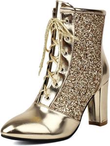 Женские сексуальные блестящие ботильоны Aflngle с кружевной шнуровкой, массивным каблуком, носком заостренной формы, декоративной отделкой с блестками, короткие удобные ботинки для свадьбы, вечеринки или выпускного, Gold