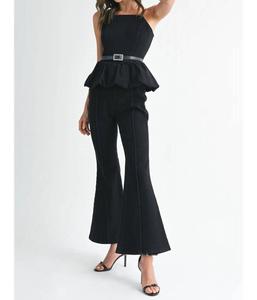 ENDLESS BLU. Комбинезон-боди с поясом и стразами, темно-джинсовый