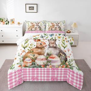 Erosebridal Комплект постельного белья Easter Bunny Queen с пасхальными кроликами, яйцами, цветочными бабочками и розовыми бантами в клетку, Pink Green White