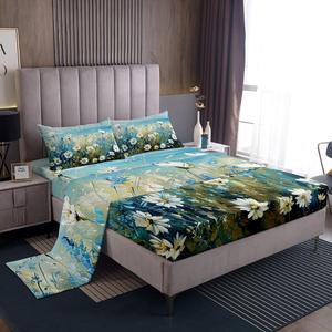 Erosebridal Комплект постельного белья White Daisy King с синим принтом цветов и морским пейзажем, White Yellow