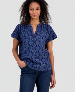 Женская блузка-топ из марли с принтом и разрезом на воротнике Style & Co, Heart Indigo Blue