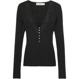 Топ с кружевной отделкой и ребрами для селфи Self-portrait, черный