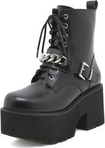 Женские готические ботильоны ZKXYFFS на платформе и танкетке, мотоциклетные с пряжкой, шнуровкой сбоку и молнией, панк-брутальные средние ботинки, 9.5-10 K-Black