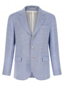Пиджак из льна и шерсти с узором "елочка" Brunello Cucinelli, голубой