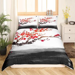 Erosebridal Чехол на одеяло с черно-белой живописью тушью и красными цветами сакуры, романтичная тематика, Multi 19