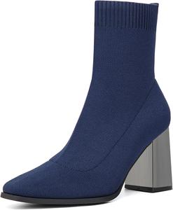 Женские ботильоны NEWBELLA с заостренным носком - минималистичные ботинки носки с массивным каблуком, тянущиеся вязаные узкие повседневные ботинки на осень и зиму, Dark Blue