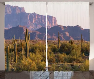 Штора для спальни ABAKUHAUS Деревенский пейзаж, Горы кактусов весной, с присборенной лентой, петлями и крючками, 280 x 175 см, коричнево-зеленая Abakuhaus