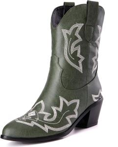 Женские ковбойские сапоги Alsoloveu, западные ботильоны с вышивкой, ковбойские сапоги средней высоты, с острым носком, на среднем каблуке, Green