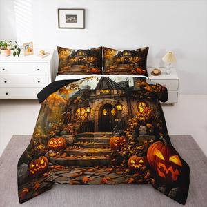 Erosebridal Комплект постельного белья Halloween Kids с оранжевыми тыквами и осенними кленовыми листьями, Oarnge Brown Yellow