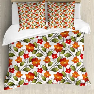 Пододеяльник ABAKUHAUS с цветочным принтом, Boho Herbs Lilies Natural, с защитой от клещей, подходит для аллергиков с наволочками, 155 см x 220 см - 80 x 80 см, цвет: оранжевый, оливковый, зеленый, белый Abakuhaus