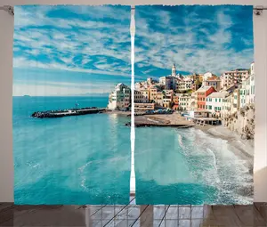 Штора ABAKUHAUS бирюзовая в деревенском стиле, вид на море, побережье, присборенная штора из тесьмы для спальни с петлями и крючками, 280 x 225 см, бирюзовый Abakuhaus