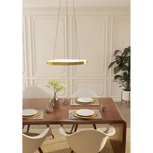 Подвесной светильник VALLEROSA, алюминий, сталь и пластик, лампа для обеденного стола, светодиодный модуль 1 шт., теплый белый свет, подвесной светильник, H110 x Ø58 см, латунь с эффектом сатинирования, 25,2 Вт в комплекте. Eglo, Messing-gebürstet weiss