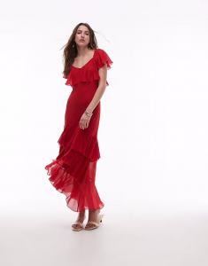 & Other Stories Асимметричное платье мидакси с многоуровневыми оборками красного цвета