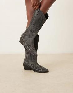 Ковбойские сапоги до колена из натуральной кожи и состаренной черной замши ASOS DESIGN Camryn
