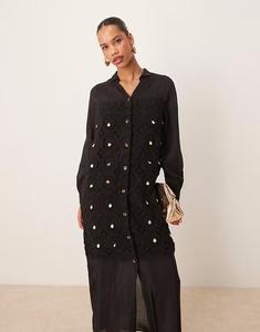 Длинное платье-рубашка Never Fully Dressed, связанное крючком, черного цвета