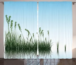 Шторы ABAKUHAUS "Деревенский пейзаж", "Озеро и кусты", универсальные ленточные шторы для гостиной с петлями и крючками, 280 x 225 см, цвет "Нефритовый зеленый" светло-голубой Abakuhaus
