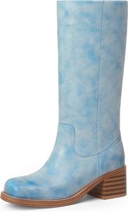 Женские ботинки до середины голени с массивным каблуком, высокие женские ботинки, квадратный носок, удобные повседневные ботинки, низкий каблук, модные стильные ботинки Adolilove, Blue