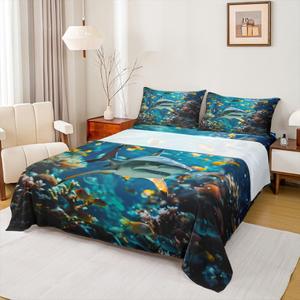 Erosebridal Комплект постельного белья Shark с 3D принтом морских животных, мягкий, Blue and Yellow