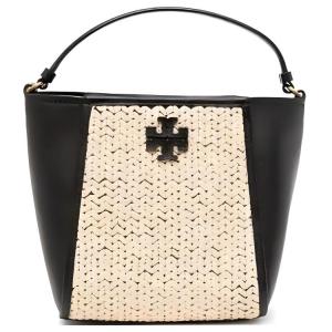 Сумка-ведро McGraw из рафии с кожаной пряжкой Портативная сумка через плечо Маленький размер Женская черная и соломенная TORY BURCH