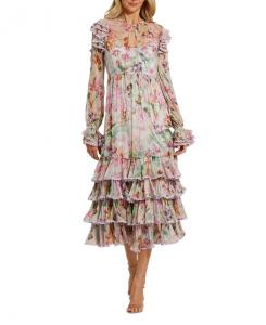 Длинное платье с цветочным принтом, рюшами и воротником на завязках Mac Duggal, мультиколор