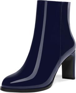 Женские ботильоны с круглым носком из лакированной кожи с молнией, на высоком каблуке 3,3 дюйма DEMOSHINE, Navy Blue