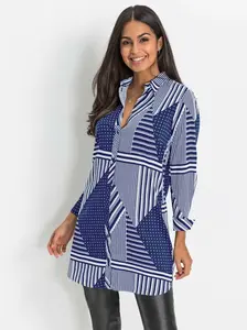 Блузка Inspirations с длинными рукавами Inspirationen, цвет Weiß-Royalblau-Gemustert