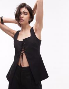 Топ SNDYS из льняной смеси с квадратным вырезом и разрезом спереди, черный