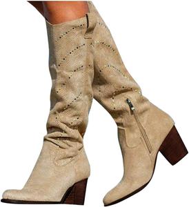Женские сапоги Bcshiye до колена с широким голенищем, средней толщины каблук, зимние, замшевые, с боковой молнией, вестерн, ковбойские, для платья, Beige