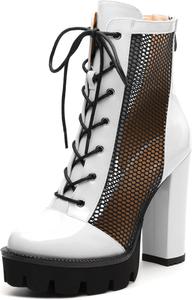 Женские ботильоны на щиколотку, ботильоны на платформе с массивным каблуком, сексуальные сетчатые сандалии с задней молнией 4,5 MISEZOXI, White Patent