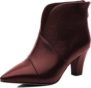 Женские кожаные ботильоны XYD с V-образным вырезом, массивным каблуком-блоком, задней молнией и заостренным носком, ботинки для платья, путешествий и повседневной носки, Dark Red