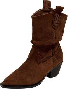 Женские замшевые ковбойские ботильоны на массивном квадратном каблуке с декором в виде колосьев, ретро с заостренным носком, низким каблуком, удобные для широкой голени, повседневные, на короткой молнии, ботинки для коротких платьев DONRRNDK, Brown