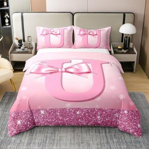 Erosebridal Хлопковый комплект постельного белья Coquette с розовыми бантами и блестками, принт в виде бриллиантов и бабочек, Pink U