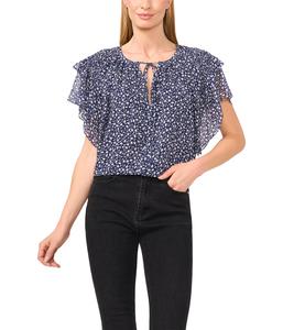 Топ CeCe Printed Tie Neck Double Ruffled Sleeve Top, Classic Navy