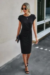 Платье миди Solid Crewneck однотонное с круглым вырезом, коротким рукавом и высокой талией Truedames