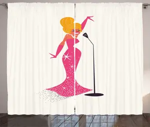 Штора ABAKUHAUS в деревенском стиле середины века, Певец с микрофоном, универсальная, для гостиной, с петлями и крючками, 280 x 225 см, цвета слоновой кости и оранжевого Abakuhaus