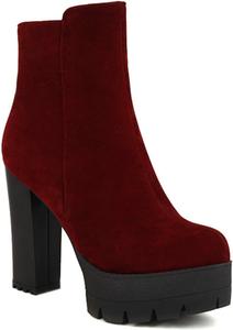 Женские замшевые массивные ботильоны на высоком каблуке с боковой молнией, теплый комфорт, круглый носок, нескользящая подошва, платформа, устойчивый каблук, стильные короткие ботинки для Рождества, осени и зимы OXNGEOS, Red