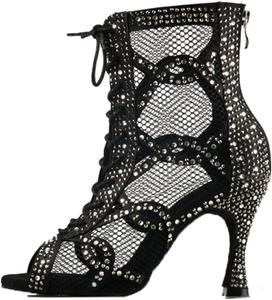 Женские танцевальные ботильоны на каблуке для вечеринок и выступлений, для бальных и латинских танцев, с застежкой на шнуровку, сетчатые, с открытым носком LITNERMIA, Al464A/Black 9Cm Heel