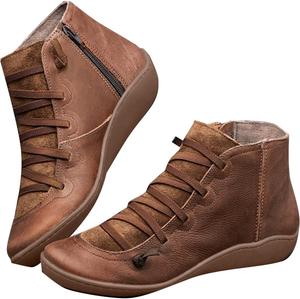 Женские ботильоны 2025 с поддержкой свода стопы, шнуровкой, на плоской подошве, молния сбоку, винтажная кожа, амортизирующие ортопедические туфли, осень-зима, для путешествий, прогулок, работы, активного отдыха и походов Generic, Yellow