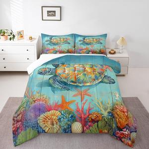 Erosebridal Комплект постельного белья Underwater World с морскими черепахами и звездами в прибрежном стиле для детей, Blue Green Orange